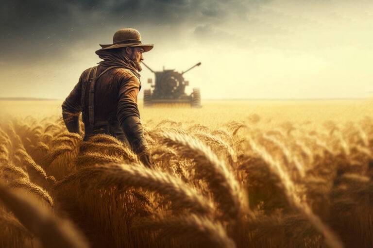 Artistic drawing of a wheat farmer in a sunlit wheat field - Bitcoin Foundations