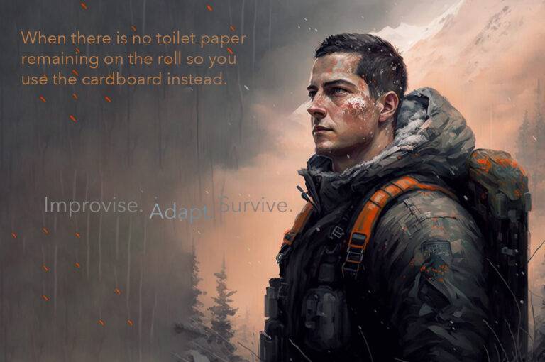 Artistic depiction of Bear Grylls with "Improvise, Adapt, Survive" meme - Bitcoin Foundations