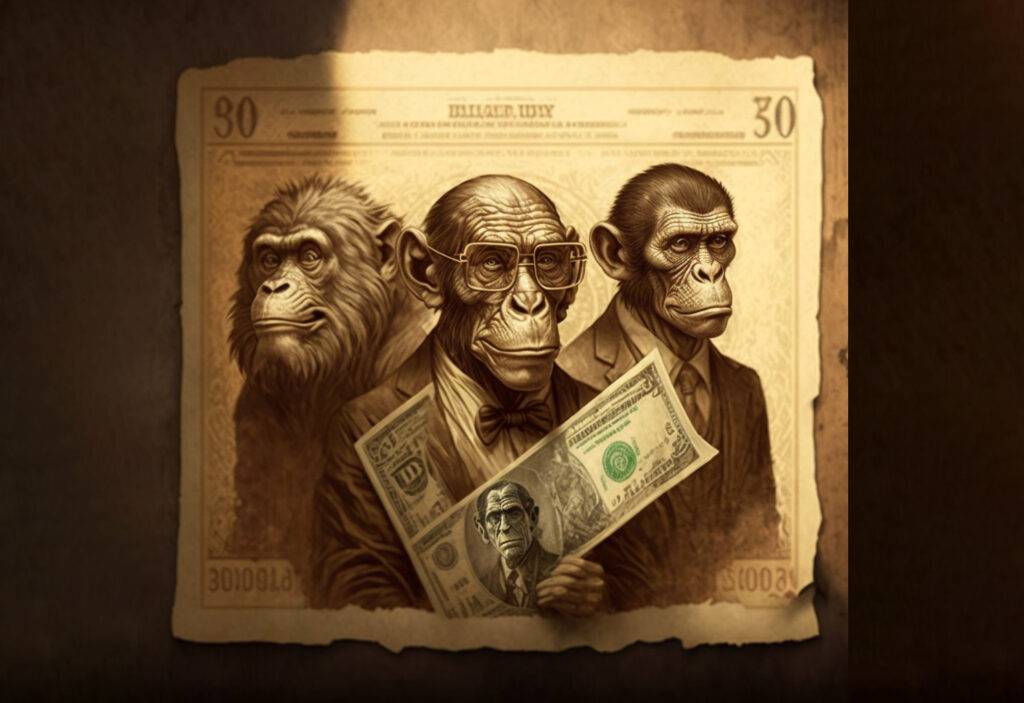 Illustration of monkeys holding up a dollar bill - Bitcoin Foundations