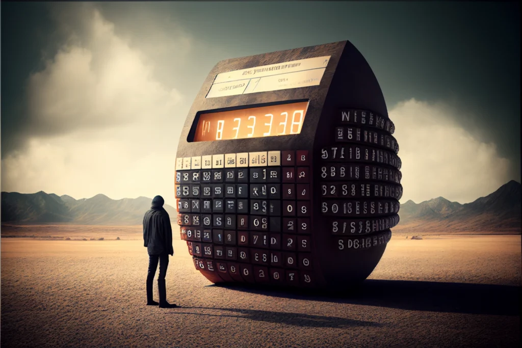 Artistic illustration of a man standing in front of a futuristic massive calculator - Bitcoin Foundations