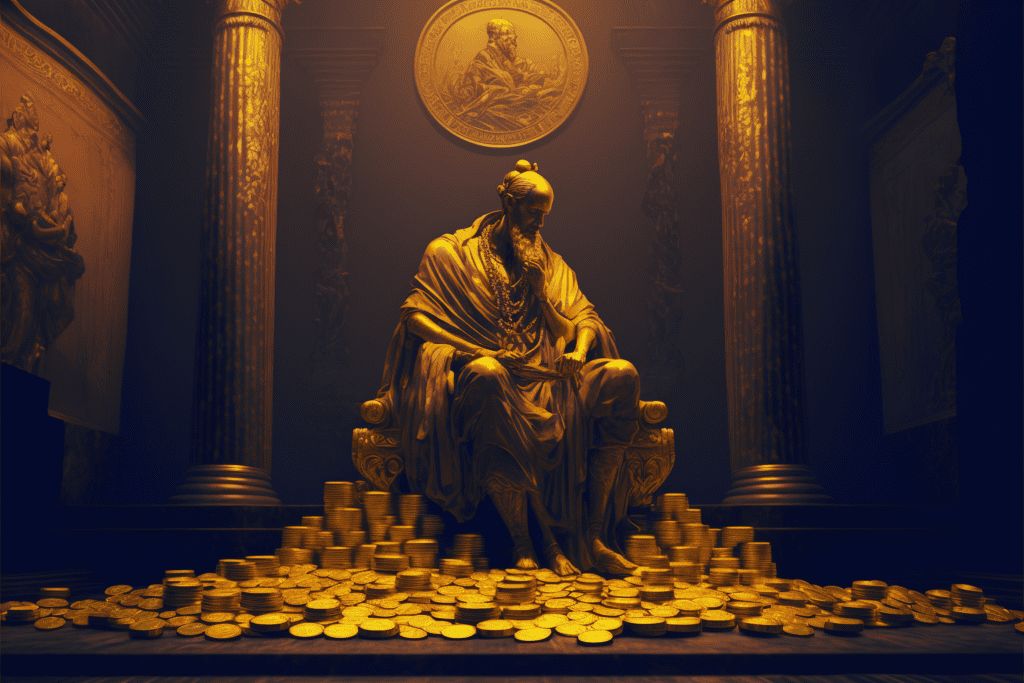 Image of a gold statue and multiple gold coins used as a store of value - Bitcoin Foundations