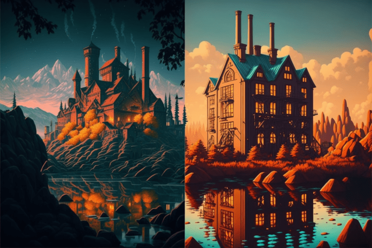 Artistic drawing of a factory and a house side by side - Bitcoin Foundations