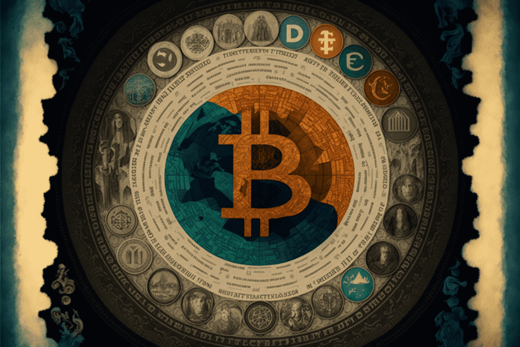 Illustration of world currencies surrounding the Bitcoin symbol on a backdrop of the world map - Bitcoin Foundations