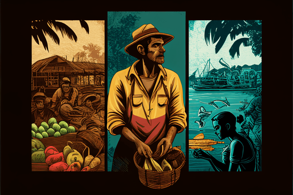 Drawing of an apple farmer, banana farmer, and fisherman illustrating the use of bananas as money - Bitcoin Foundations