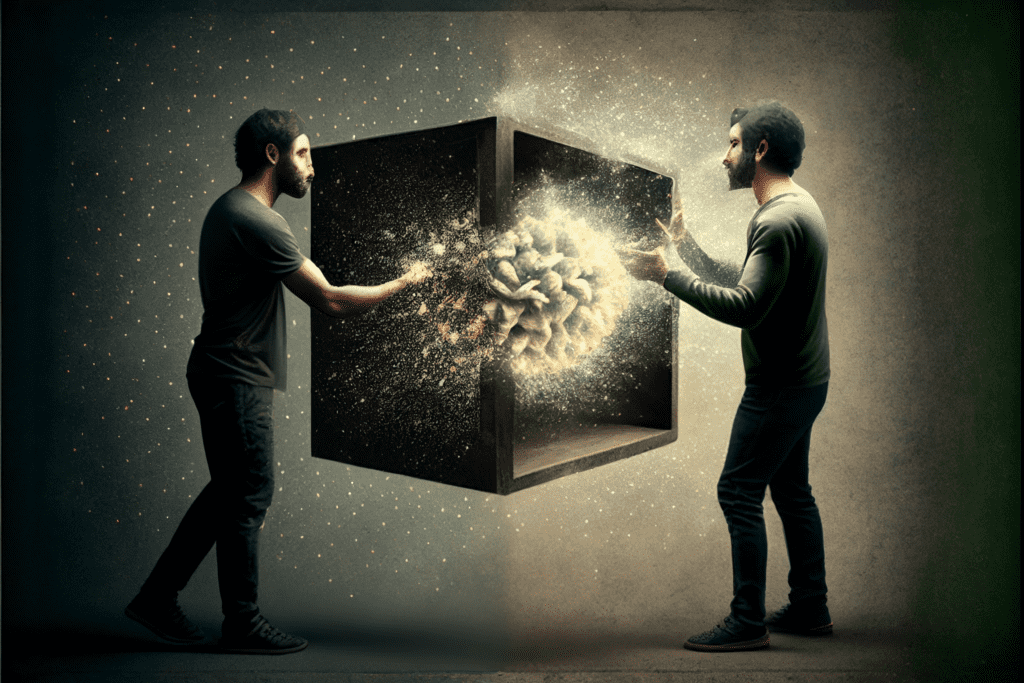 Illustration of two people on either side of a box creating an exchange between them - Bitcoin Foundations