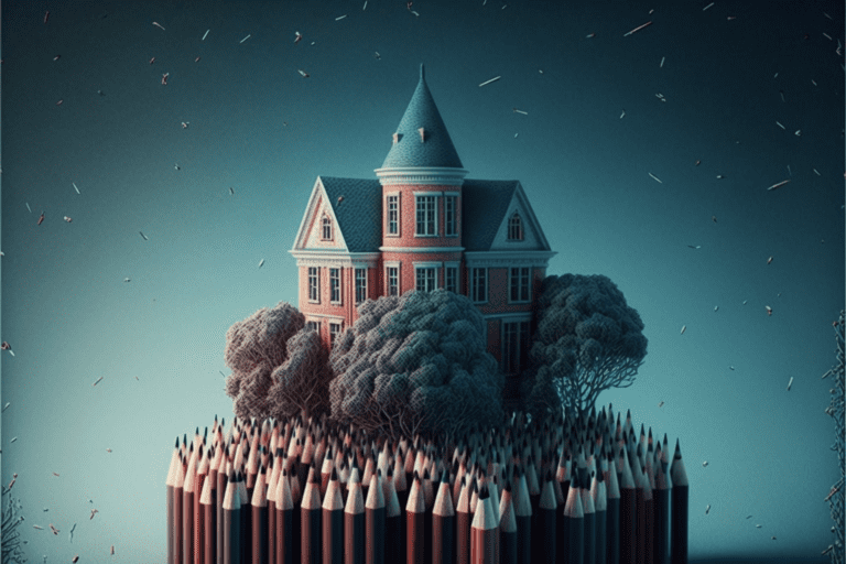 Artistic drawing of a house encircled by pencils - Bitcoin Foundations