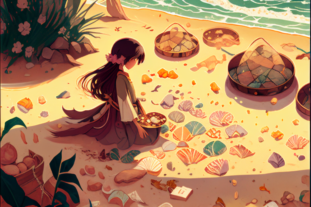 Cartoon depiction of a young girl collecting sea shells as primitive money - Bitcoin Foundations