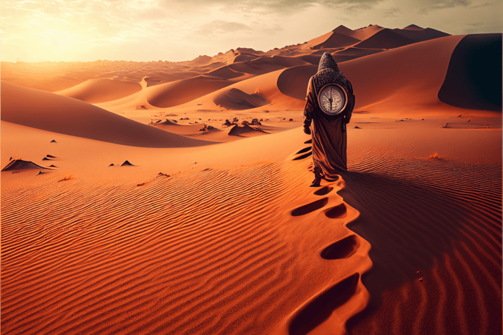 Artistic impression of a robed man with a clock on his back in the desert - Bitcoin Foundations