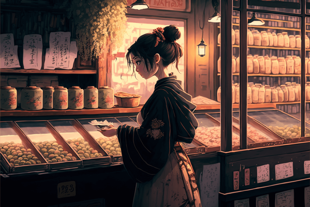 Cartoon Japanese girl illustrating trading in ancient times - Bitcoin Foundations