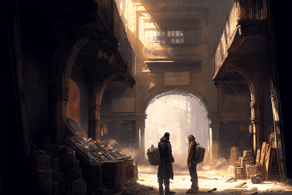 Artistic drawing of two people trading through barter in an abandoned market - Bitcoin Foundations