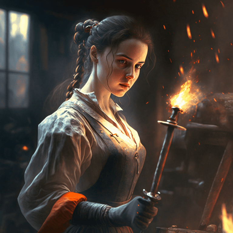 Girl blacksmith skillfully handling hot metal - Bitcoin Foundations