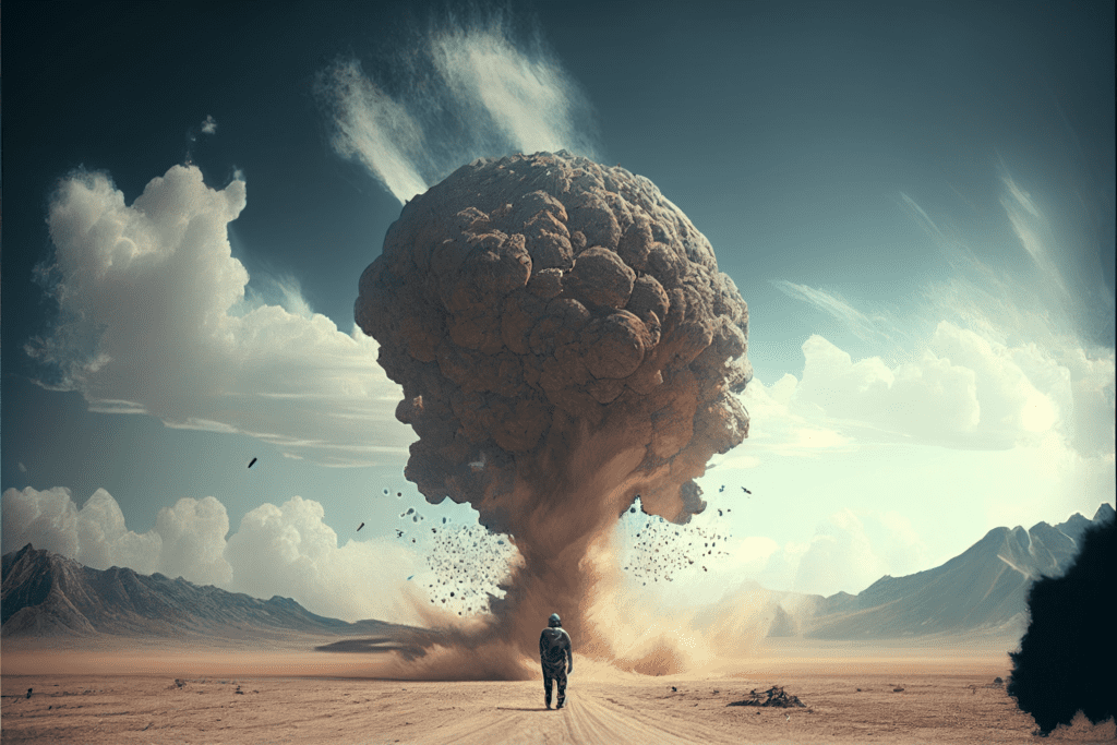 Illustration of an explosion while a man watches - Bitcoin Foundations