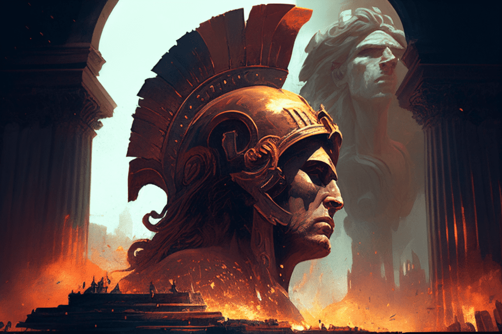Illustration of a Roman soldier watching Rome burn due to coin clipping - Bitcoin Foundations