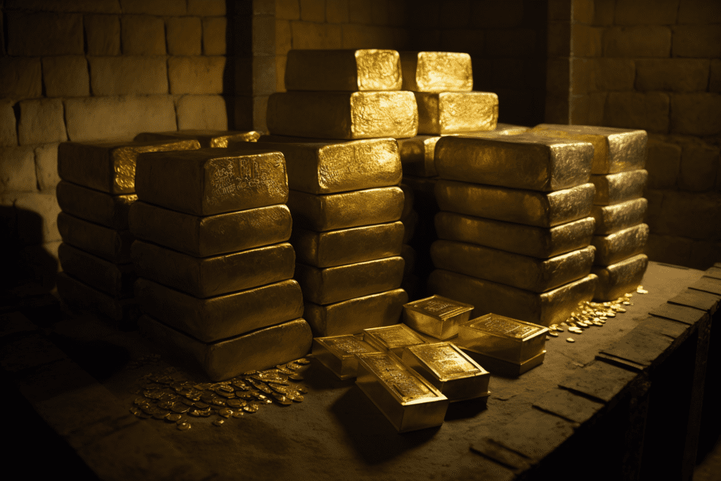 A room filled with gleaming gold bars in the dark - Bitcoin Foundations