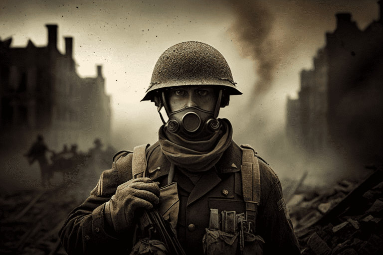 Illustration of a World War I soldier in full gear and gas mask - Bitcoin Foundations