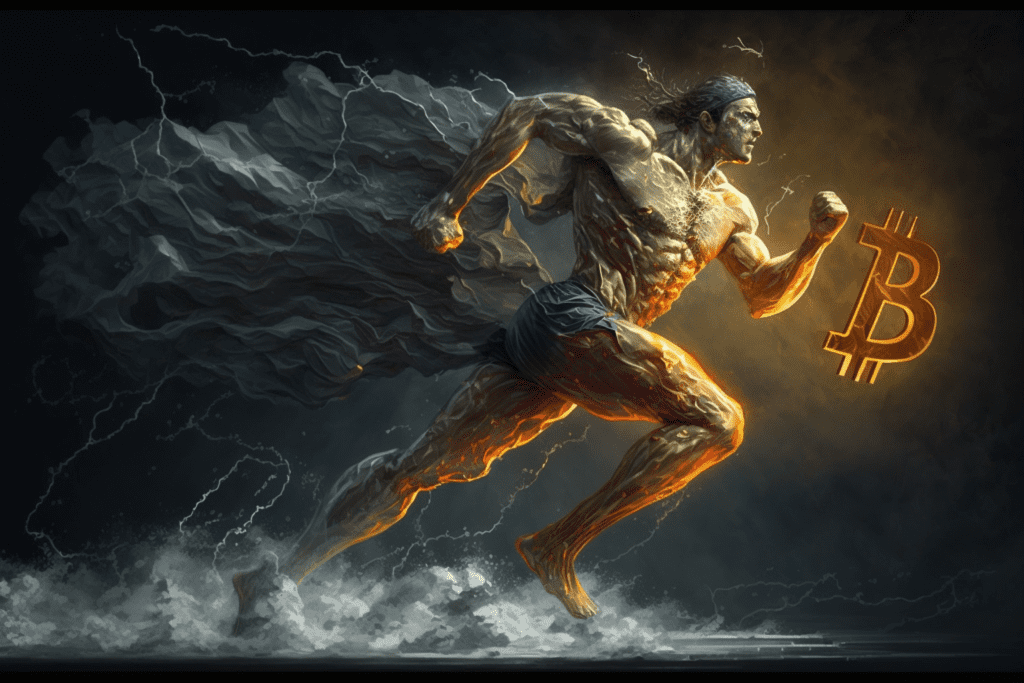 Illustration of a man running with the Bitcoin symbol - Bitcoin Foundations