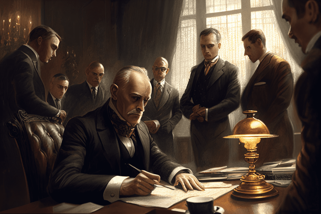Illustration of the signing of the Treaty of Versailles - Bitcoin Foundations