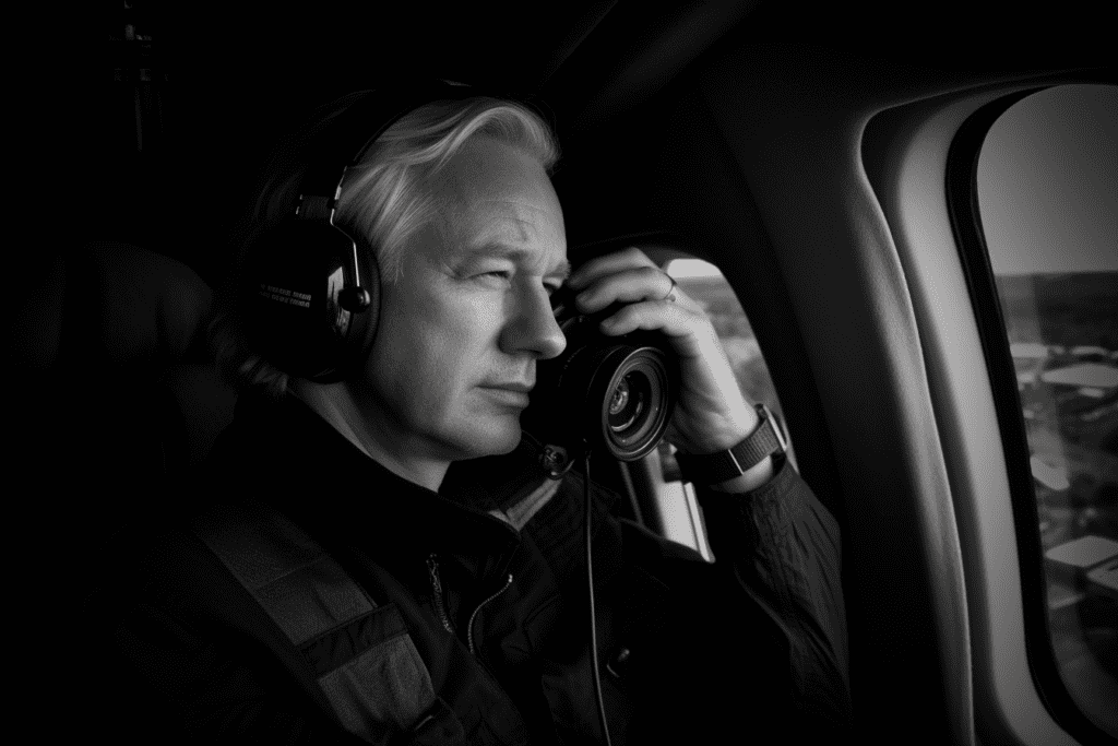 Julian Assange, a man wearing glasses and holding a camera lens, sits in a helicopter with a view of the ground below. The image is a photorealistic illustration of Assange during his work as a journalist and activist, showing his commitment to exposing the truth.