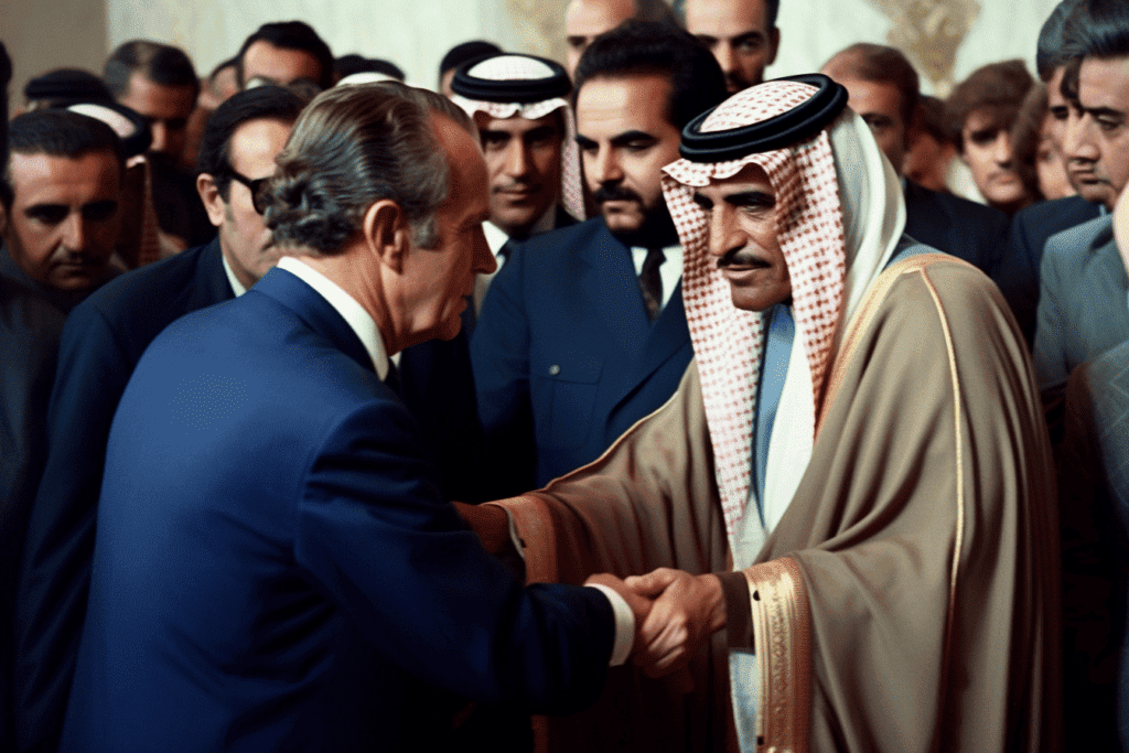 Richard Nixon and a Saudi Sheik shaking hands in front of an American flag and a Saudi Arabian flag with the Petrodollar logo in the background.