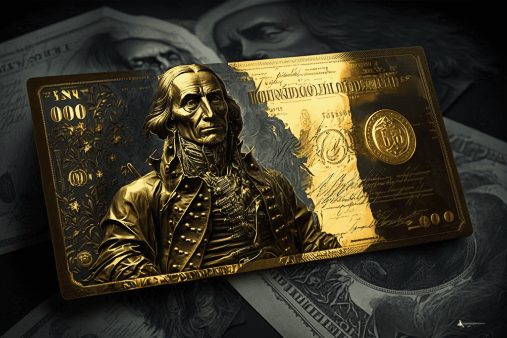 An image of a US dollar bill with a gold bullion superimposed in the center, representing the period when the US dollar was backed by gold under the gold standard. The image showcases the connection between the US dollar and gold, and the idea of a stable and reliable currency.