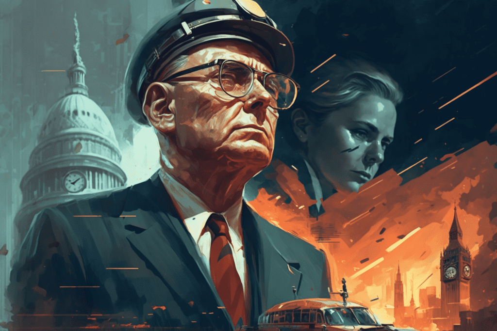 An illustration of an old businessman in the foreground, with the Whitehouse in the background. The image depicts the financial unwind of the US economy during the 1960s.