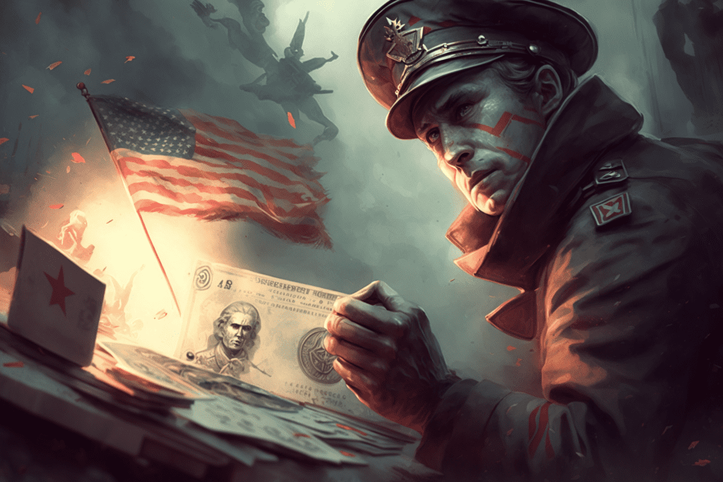 Illustration depicting an American soldier holding the USD, representing the Bretton Woods system - Bitcoin Foundations