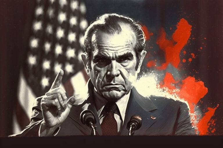 Illustration of President Nixon on a podium giving a speech as he points his finger towards the audience.