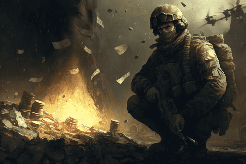 An illustration of a US soldier in full gear holding a rifle, standing in front of a pile of burning cash.