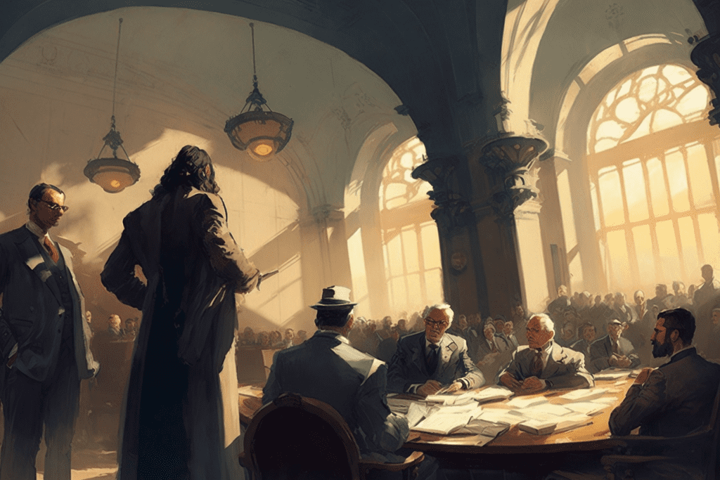 Illustration of people discussing policy at the Genoa Global Financial Conference - Bitcoin Foundations