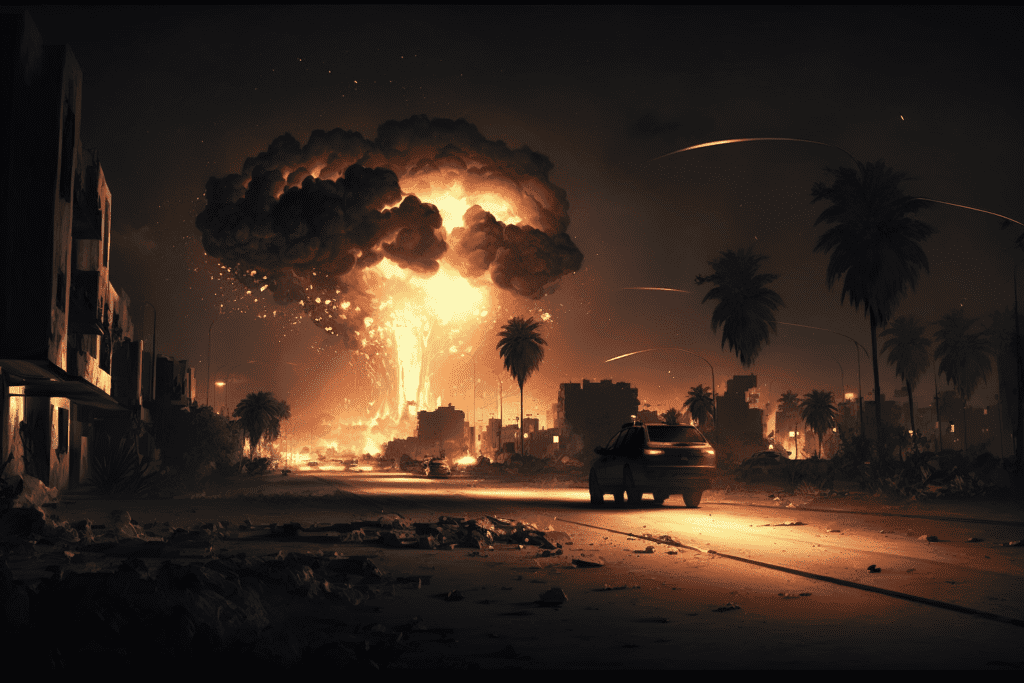 An artistic depiction of an explosion in an Iraqi town during the 2003 war in Iraq.