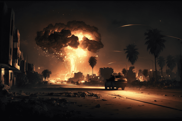 An artistic depiction of an explosion in an Iraqi town during the 2003 war in Iraq.