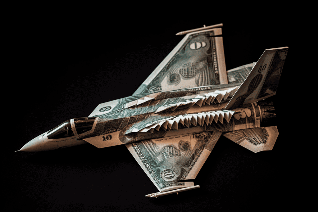 An artistic image of a fighter jet made entirely of US dollar bills, symbolizing the connection between war and fiat currency.