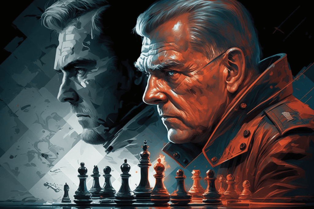 Two generals, one American and one Russian, playing chess on a table, depicting the Cold War era rivalry between the two countries.