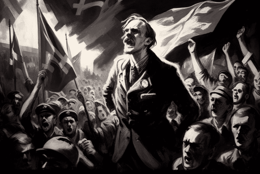 Illustration of angry people in Weimar Germany demanding political change - Bitcoin Foundations