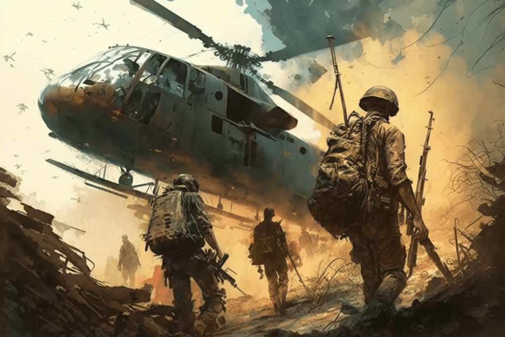 An illustration of soldiers walking towards a helicopter in the dust of the Vietnam War.
