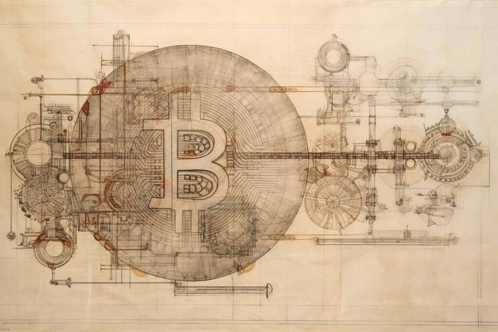 An artistic representation of a bitcoin engineering design in the style of Leonardo da Vinci, showcasing the elegance of the concept.