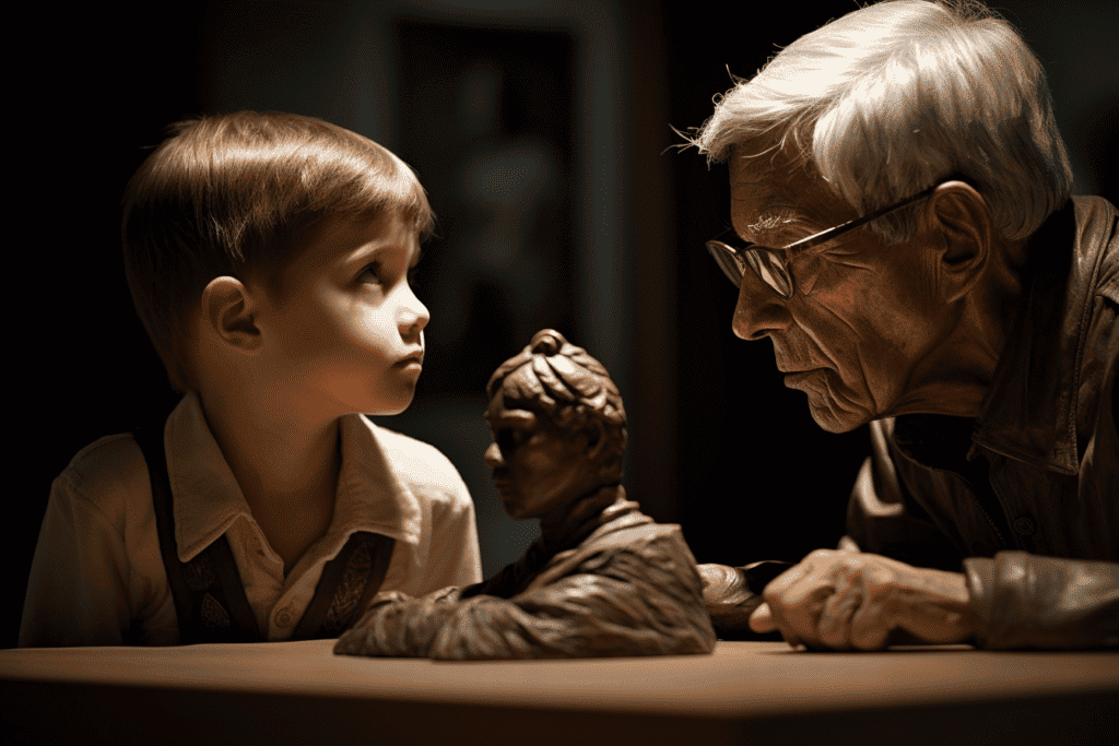 Old man and child looking at artwork depicting subjective value