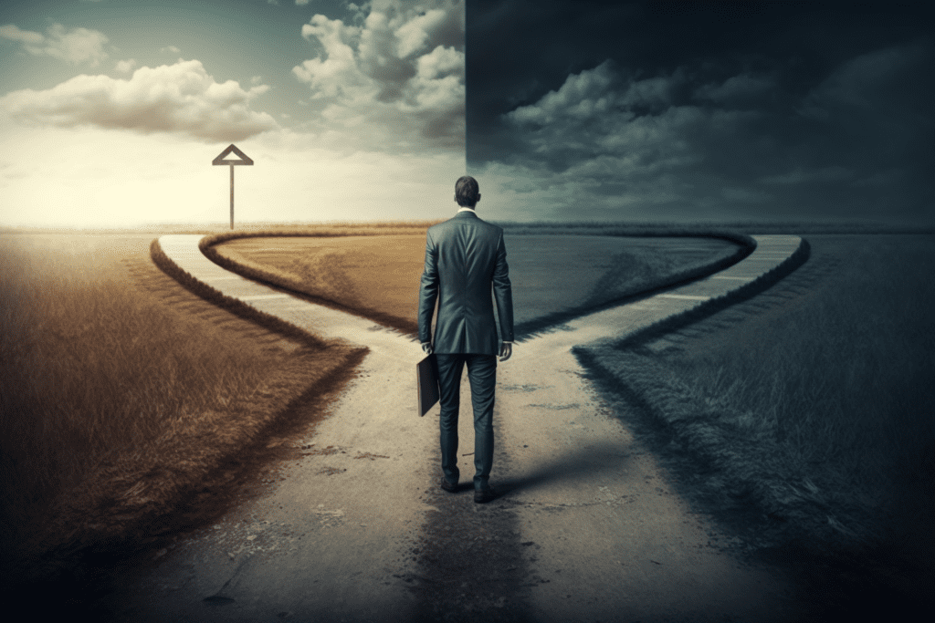 Businessman at a fork in the road contemplating investment options