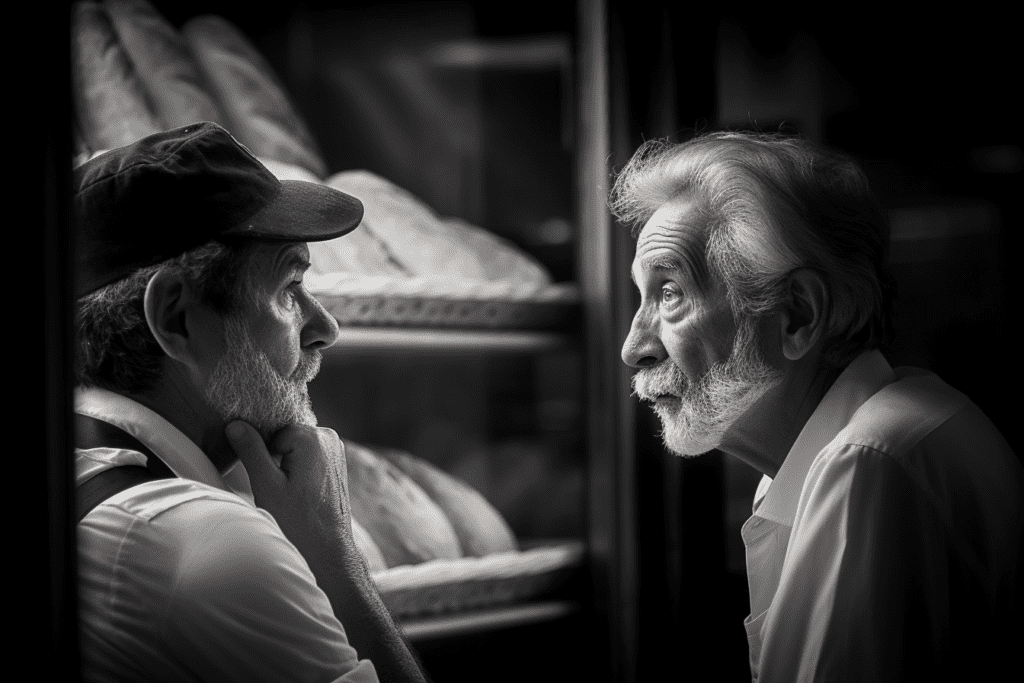 Baker and economist having a discussion in front of bakery store