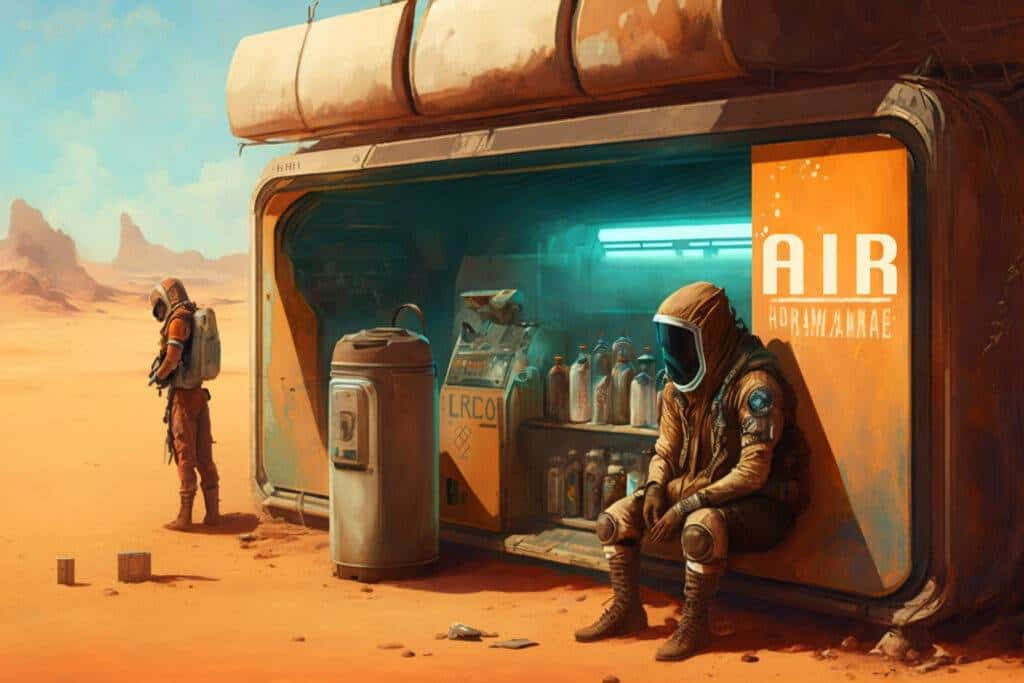 An image of a futuristic Mars colony where people are buying and selling tanks of air as the atmosphere is not breathable.