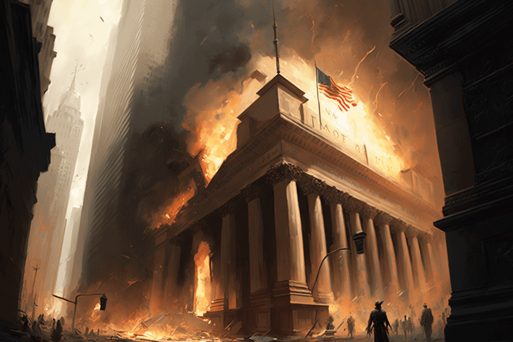 An illustration of Wall Street on fire, with dark smoke rising up, representing the financial crisis of 2008.