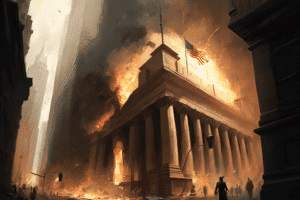 An illustration of Wall Street on fire, with dark smoke rising up, representing the financial crisis of 2008.