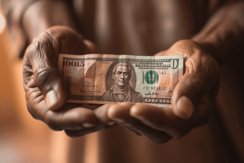 An old Indian man holding US dollars