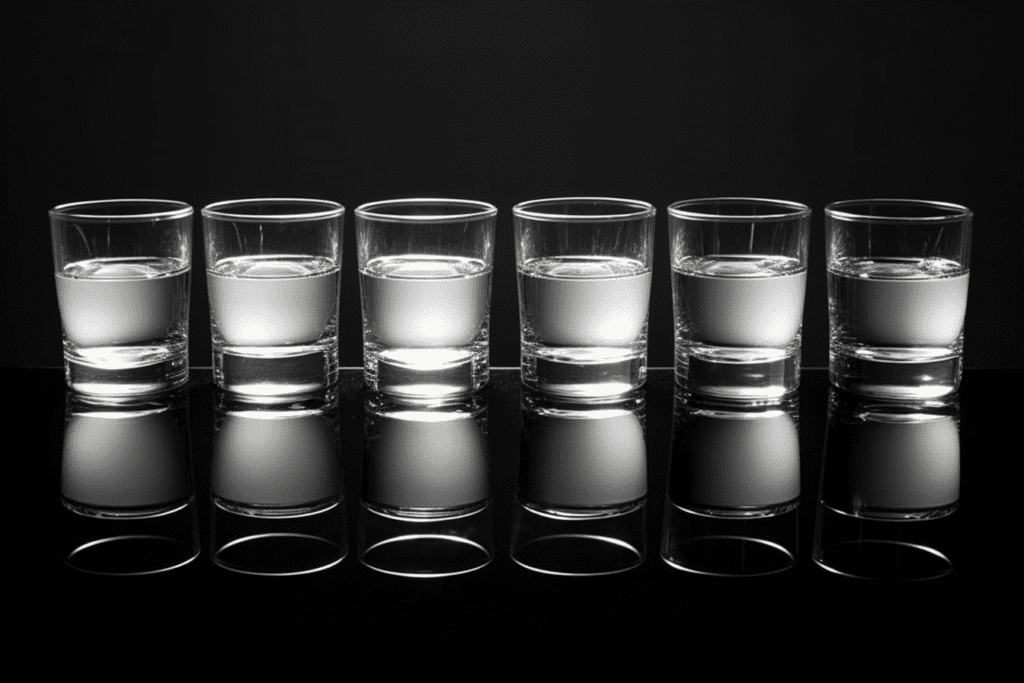 Still life shot of objects arranged to represent diminishing marginal utility against black backdrop