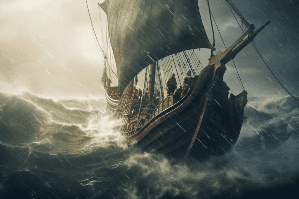 A 17th century viking ship in a storm